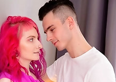 Sensual redhead chick Alien Fox jumps on a pretty huge dick