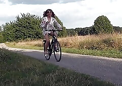 Daring Biking In Sheer Chiffon And Nylon Stockings