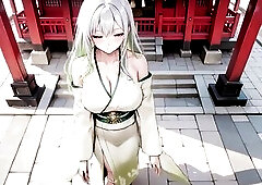The silver-haired shrine maiden sheds her dignified facade in the quiet sanctuary, lounging in a green and white kimono that barely covers her curves.