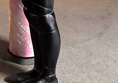 Spandex Zentai Babe With Fishing Line Tied To Concrete Post With Verified Amateurs