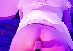 Lewd trans angel have her butt destroyed by a screwing machine with a large penis sex-toy attached on it, large booty gaping for cute sissy gal with a