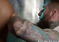 Tatted muscle jock Travis Connor barebacks young hunk Tony