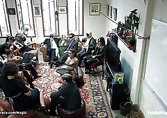 Babe gang bang banged at public party