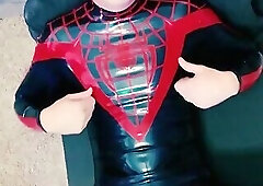 young man gets fucked in a rubber spidey suit