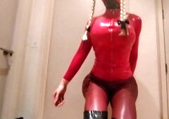 Euro crossdresser in latex gives sloppy blowjob