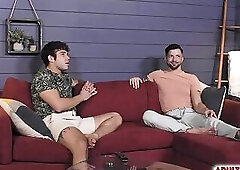 Bisexual guy having his 1st time gay sex experience with two friends