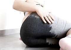wetting and immodest gray panties on the floor, melons out and curly vagina