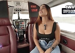 Colombian model Abella Olsen hooks up with her secretary on a private jet while the pilot watches