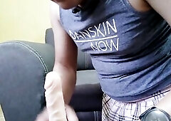 Feet in white nylons of transvestite cuties playing with sextoy.