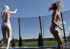 Teen Lesbians Lick Pussy Outdoors on Trampoline