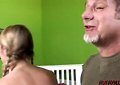 Slender golden-haired teen with braids and tiny boobs is having sex with an mature stud