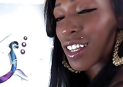 Flat chested black shemale spanks her big cock all alone