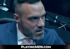 PlayingMen.com - Elegant hunk wears slick blue suit while ramming hot stud deeply and passionately