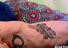 Amateur ginger punk oils up for tent cock stroking