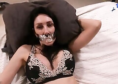 Hard sex. Bound him up with tape and came in his throat and butt.