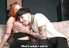 Influencer ends up screwing a redhead with giant titties - what a knob this chab has!