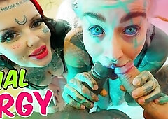 Breathtaking anal-addicted whore with a fully tattooed body invites her pretty, inked hottie into this POV foursome action with a lustful chaps with l