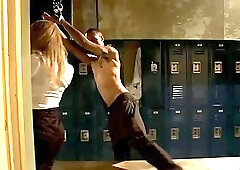 Hung blonde tranny drills bondage slave in the locker room