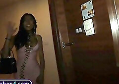 Buxom Asian shemale sits on thick prick and rides it