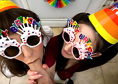 Blowjob party with wet stepmom and teen