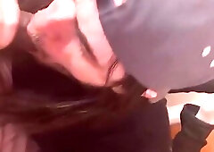 Hot interracial swapping blowjob with hot TS Ebony in white stockings in bed