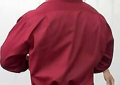 Blindfolded office stud sucking fat cock