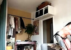 Inked Babe Plays with Big Dildo