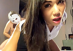 Buxxom teen ladyboy Mos in outfit fucks guy to return the favor