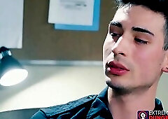 Hardcore fistfucking with two lubed up leather gloves inside