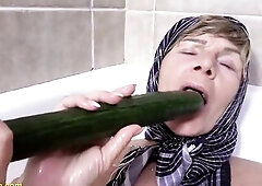 large natural breast grandma takes a soapy shower and banging her old cunt with a large cucumber and peeing at the bathtub