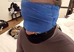 Hubby was so slutty after dinner where I wore a figure hugging Lilac costume. This chab gagged me with Tape and satin scarves, and I wanked him off. T