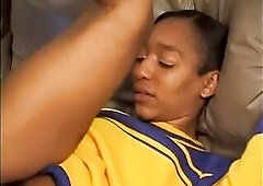 Hot black cheerleader bangs fan in the living room