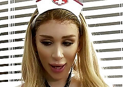 Busty trans nurse babe in uniform sucking and jerking cock