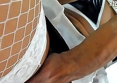 slim latina ebony shemale in fishnet stockings strokes her big donkey cock on webcam