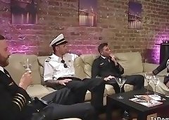 Tranny stewardess has group anal