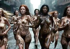 [AI-generated] Future Rave Mud Run in South Bronx - AI Cuties Racing Nearly Stripped with Bouncing Bazookas Getting Ribald in Rainy Streets