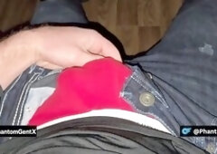 Boss groans in his chair as he jerks off in red boxers, getting off hard