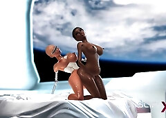 A Hot Futanari Sex Robot Fucks Hard A Black Girl In The Sci-fi Bedroom With Car Toon