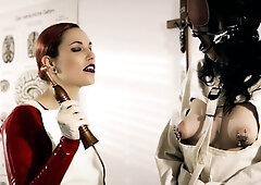 Pale blonde and tanned brunette lesbians toying and licking