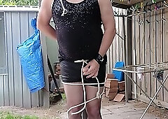 DAISY TIED TO A POLE IN TIGHT BLACK SHORTS