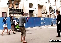 Hot Brunette Gabor and Princess Donna Dolore Share Public Street Bondage and Bar Sex