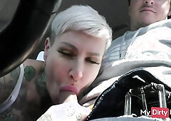 Tatted Hoe Swallows Cum After A BJ In The Car - Free Porn Video