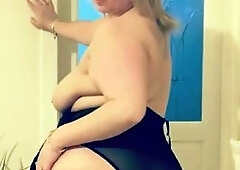 Non stop blonde with big boobs cock jerks off on the bed