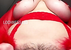 Busty curly brunette with big boobs fucks on couch