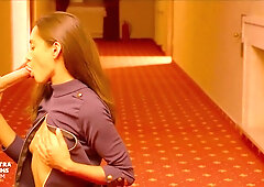 Brunette slut surprises stud with hotel quickie after bar drinks