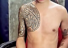 Pinoy Horny Inked Twink Playing with His Masturbator Toy