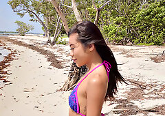 Kinky tattooed brunette gets wet and wild on the beach with a ball in her mouth and pussy