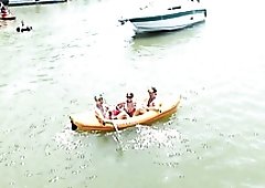 Depraved bitches get too horny as they expose natural tits outdoors