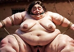 This heavy fat SSBBW is tightly bound in rope slavery, her huge body totally infirm. Her bulky, wide and loose cunt is fully stripped and highly moist