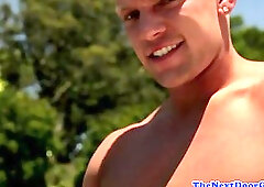 Muscular god in outdoor masturbation session